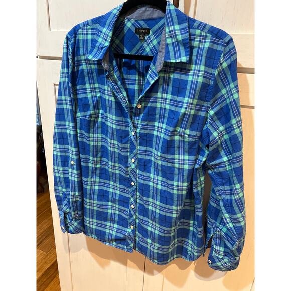 Talbots Womens Shirt Size XL Blue Plaid 100% Cotton Cabincore Comfortable Basic - Picture 1 of 7